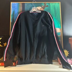 Tommy Hilfiger Black Crewneck Sweater with Red and White Accents Large
